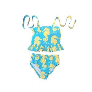Vintage Kelly’s Kids Seahorse Tankini SZ 3-4 runs small Blue Yellow Ruffle Swim